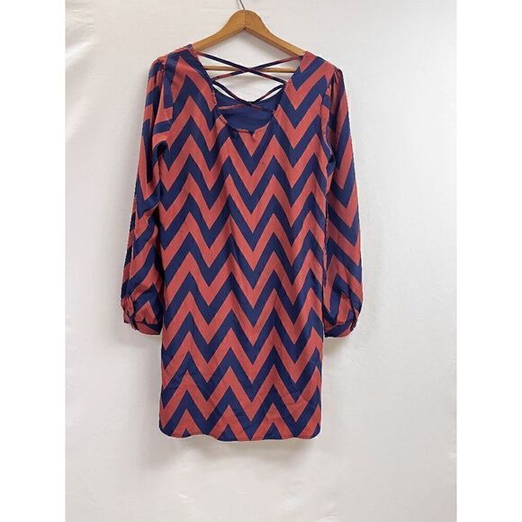 Charming Charlie Womens Lined Long Sleeve Scoop neck Shift Dress Orange Blue Sz - Picture 3 of 7